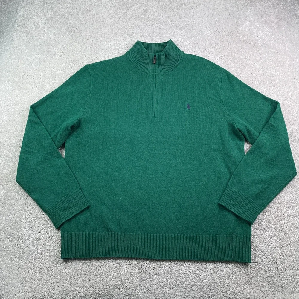 Polo Ralph Lauren Sweater Mens XXL Green Wool Quarter Zip Pullover Classic Logo